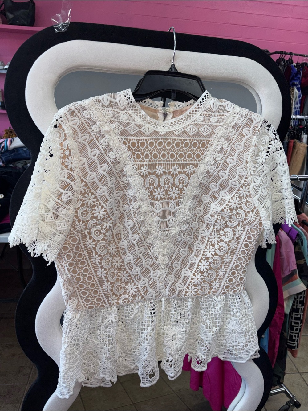 Cream Lace Peplum Blouse with Scalloped Trim